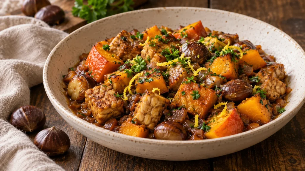 Würziges Tempeh-Ragout mit Hokkaido-Kürbis, Maronen, Petersilie und Zitronenabrieb in einer hellen Schale