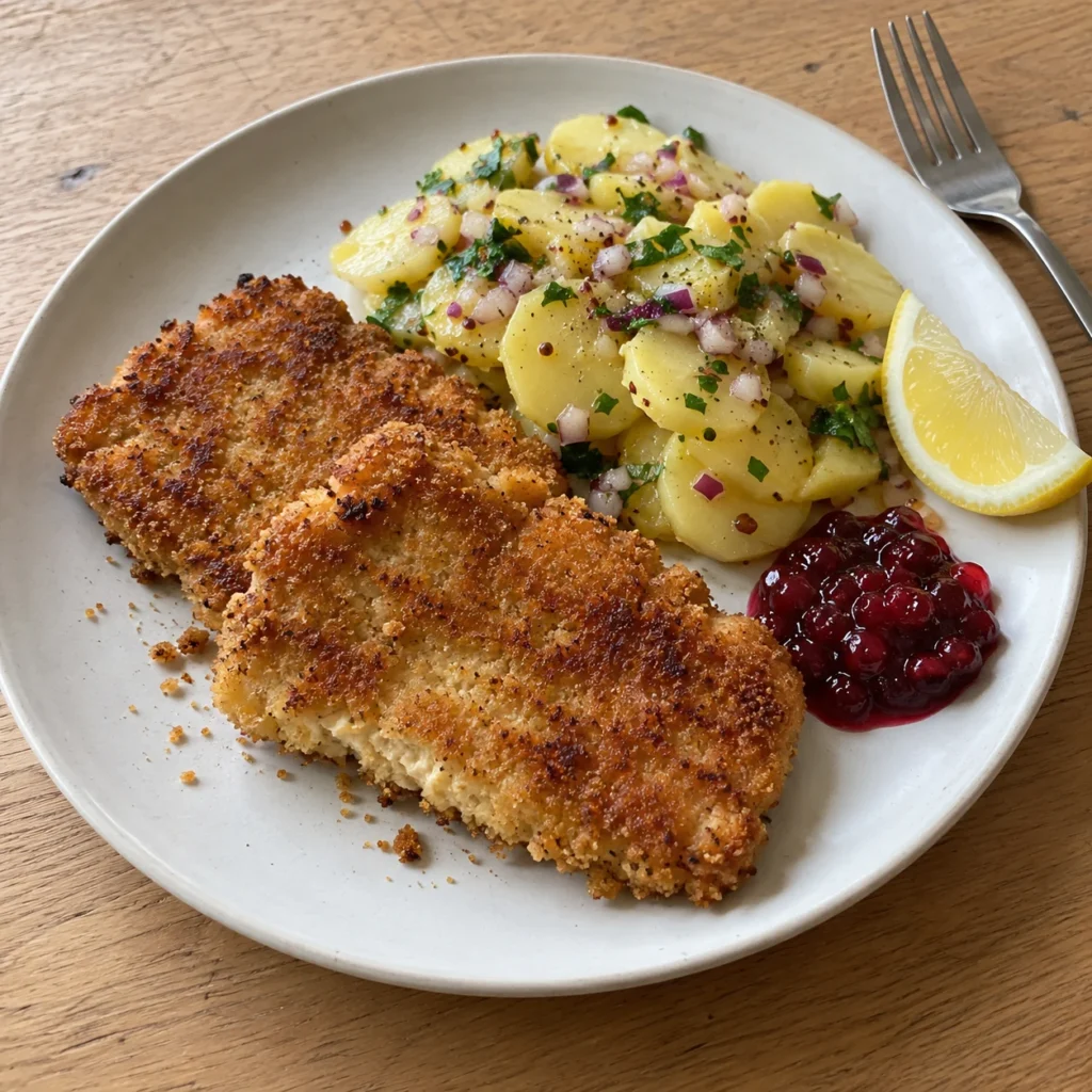 Zwei goldbraun panierte Tempeh-Schnitzel mit Kartoffelsalat, Preiselbeeren und einem Zitronenschnitz auf einem hellen Teller