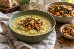 Lauch-Bohnen-Suppe mit goldbraunen Tempeh-Bröseln, daneben Linseneintopf und ein Schälchen Tempeh-Crunch