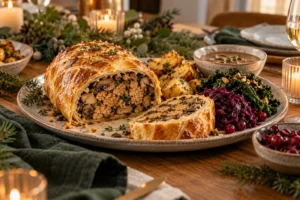 Angeschnittener Tempeh-Wellington mit Pilzen, Kartoffeln, Rotkohl, Wintergrün und Sauce auf einer festlichen Tafel