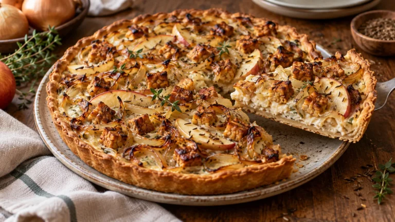 Goldbrauner Tempeh-Zwiebelkuchen mit Apfel, Kümmel und veganer Schmandcreme